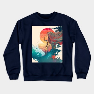 Ocean Waves And Girl With A Smiley Face, Hippie Style Crewneck Sweatshirt